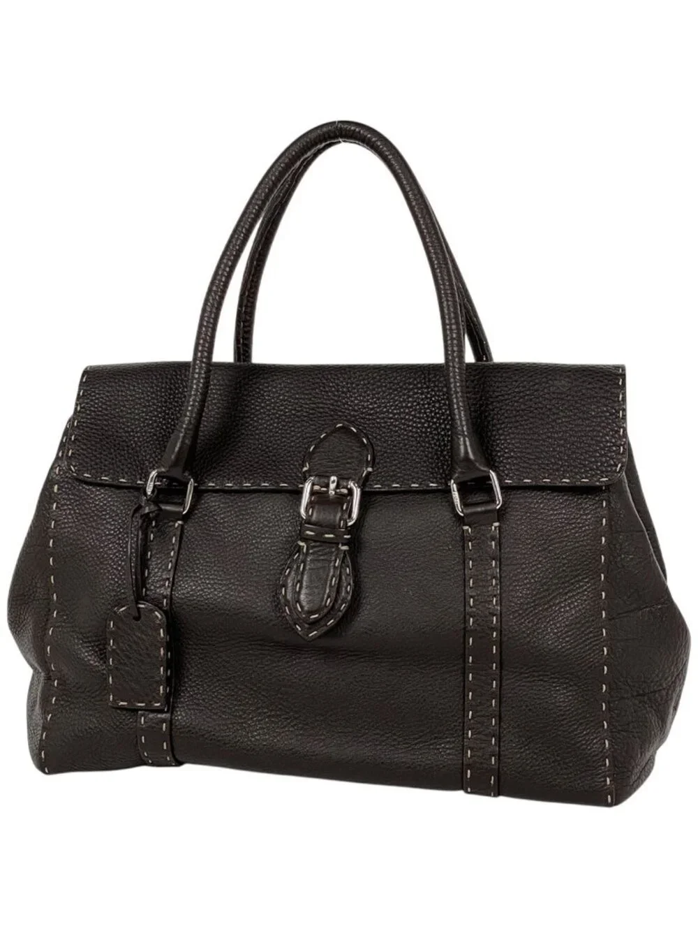 Fendi Selleria Linda Handbag Logo Stitch Leather Brown